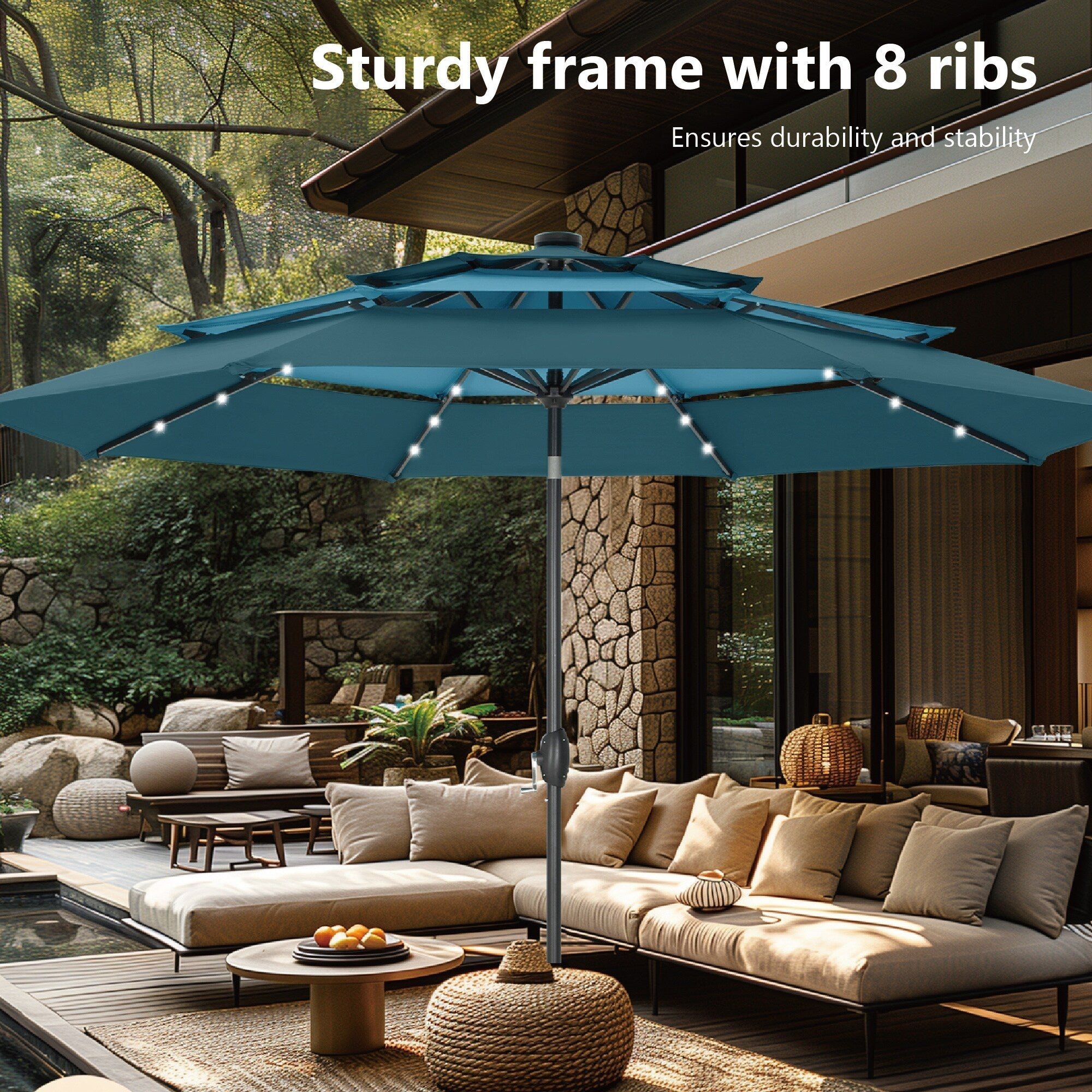 MAISON ARTS 10ft 3 Tier Auto-tilt Patio Umbrella Outdoor Double Vented Umbrella with LED Lights