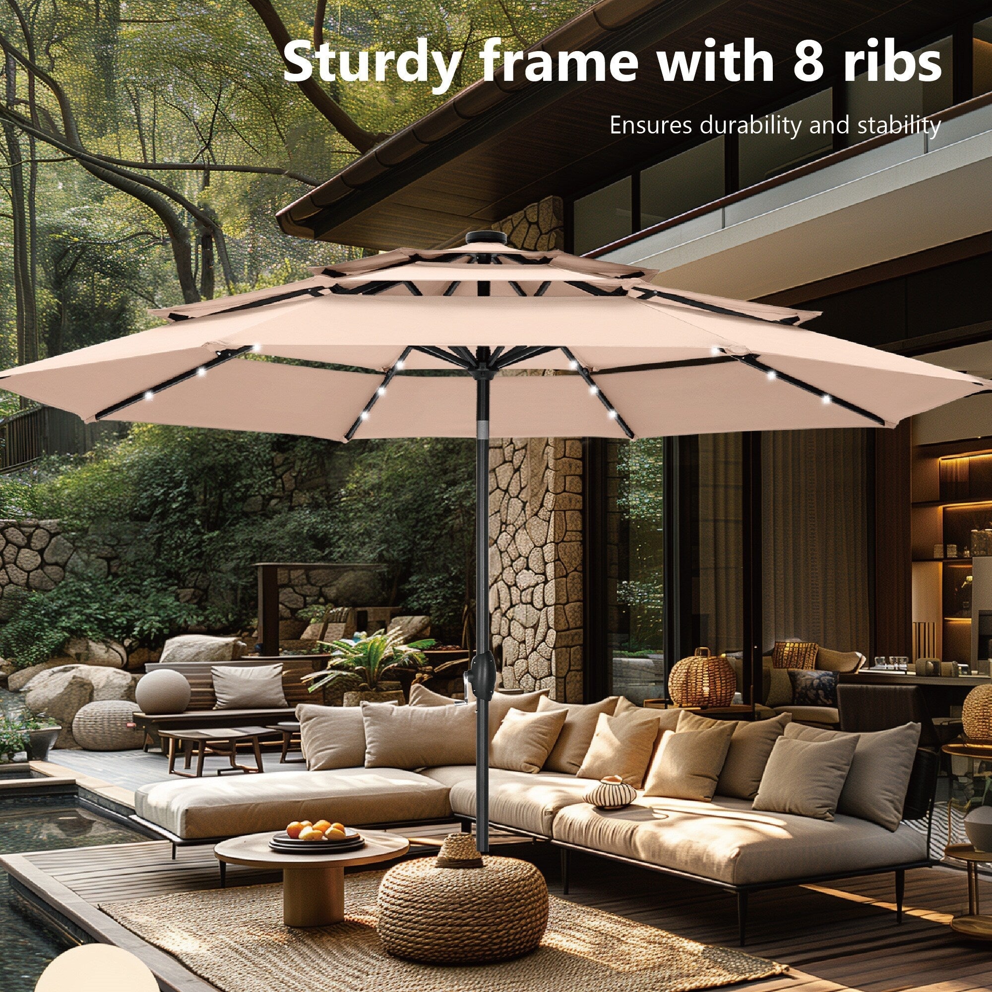 MAISON ARTS 10ft 3 Tier Auto-tilt Patio Umbrella Outdoor Double Vented Umbrella with LED Lights