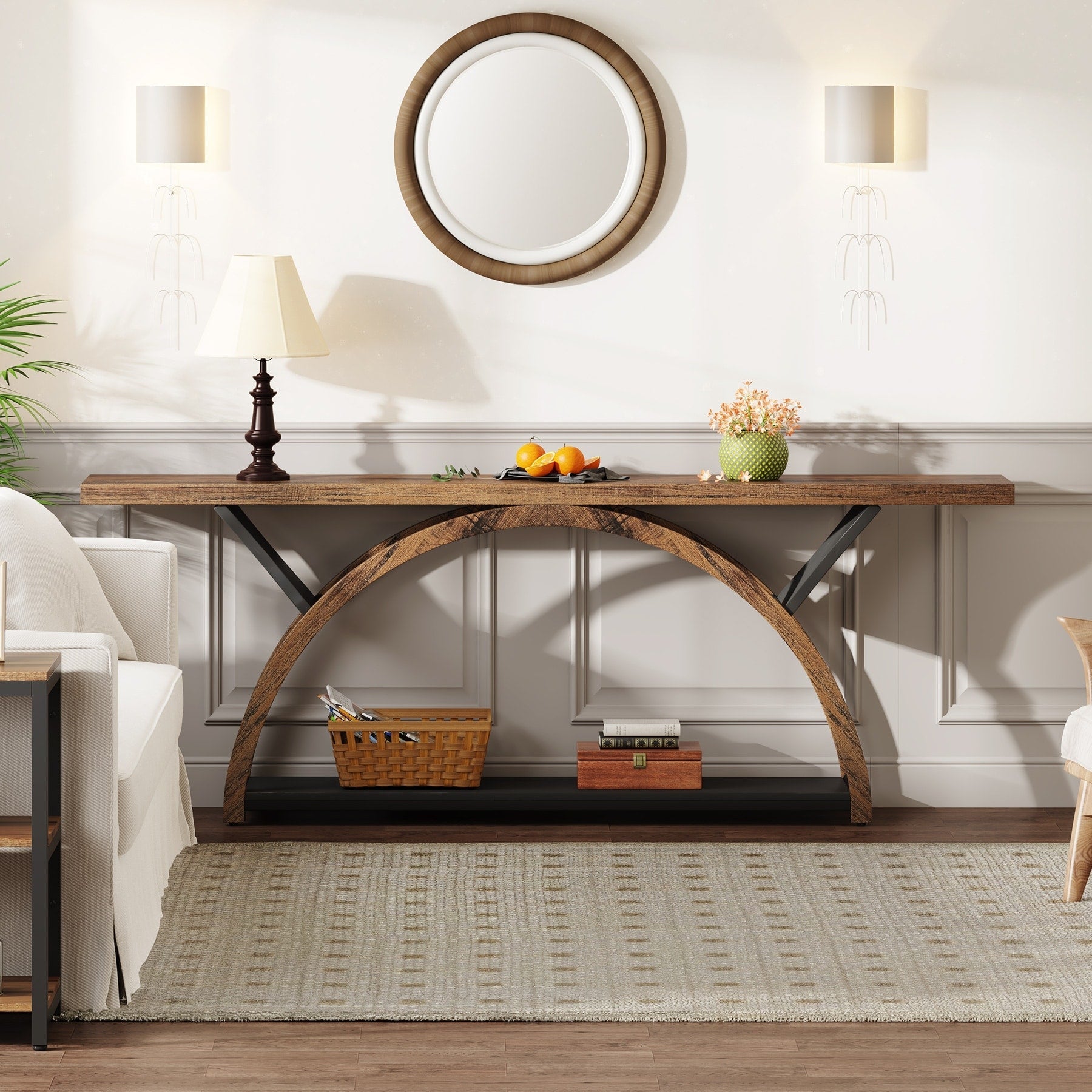 2-Tier Narrow Long Console Sofa Table with Semi-Circular Frame for Entryway,Gray Hallway Accent Tables