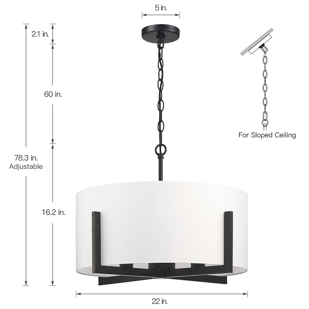 22 in. 4-Light Matte Black Chandelier Pendant Light with White Drum Shade - 22W