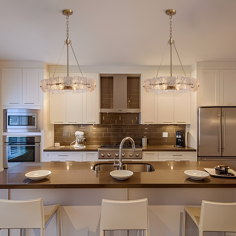 23.6 in. Modern Gold Crystal Chandelier 6-Light Glam Drum Pendant Light for Kitchen Island Dining Room