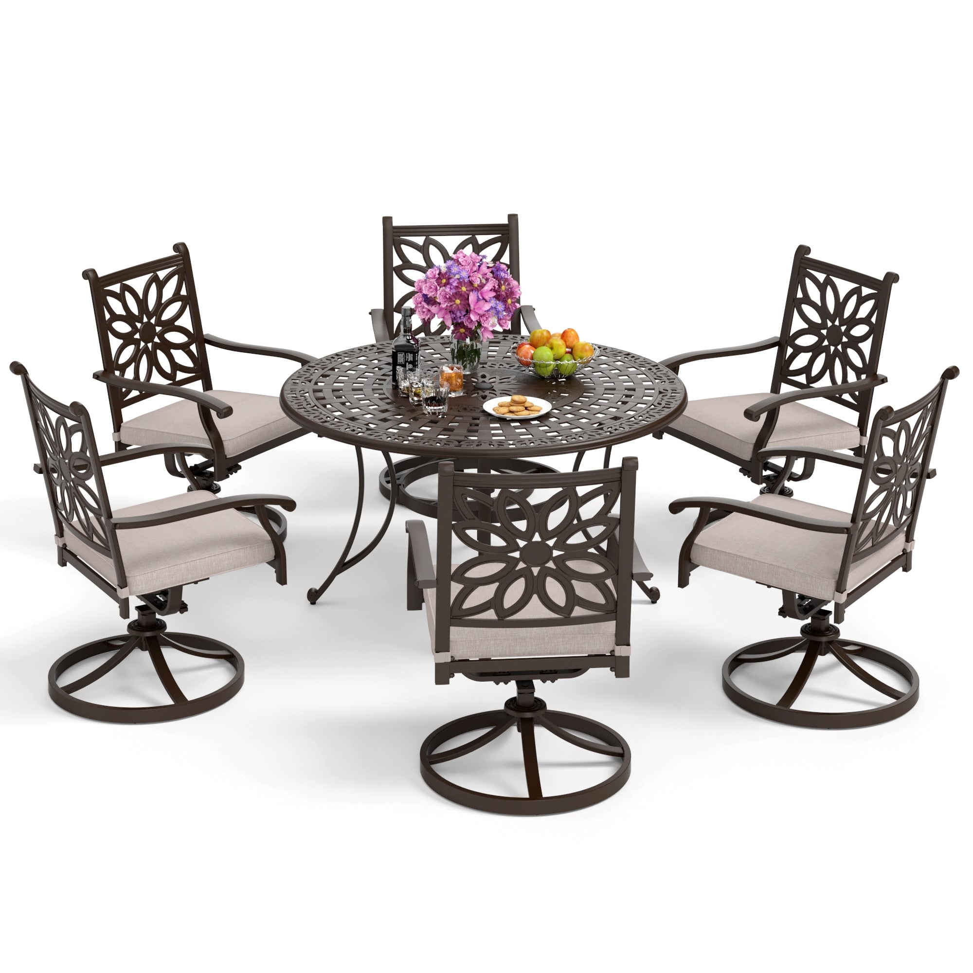 MAISON ARTS Cast Aluminum Dining Chairs/Patio Dining Set with Round Dining Table & 6 Cast Aluminum Patio Chairs