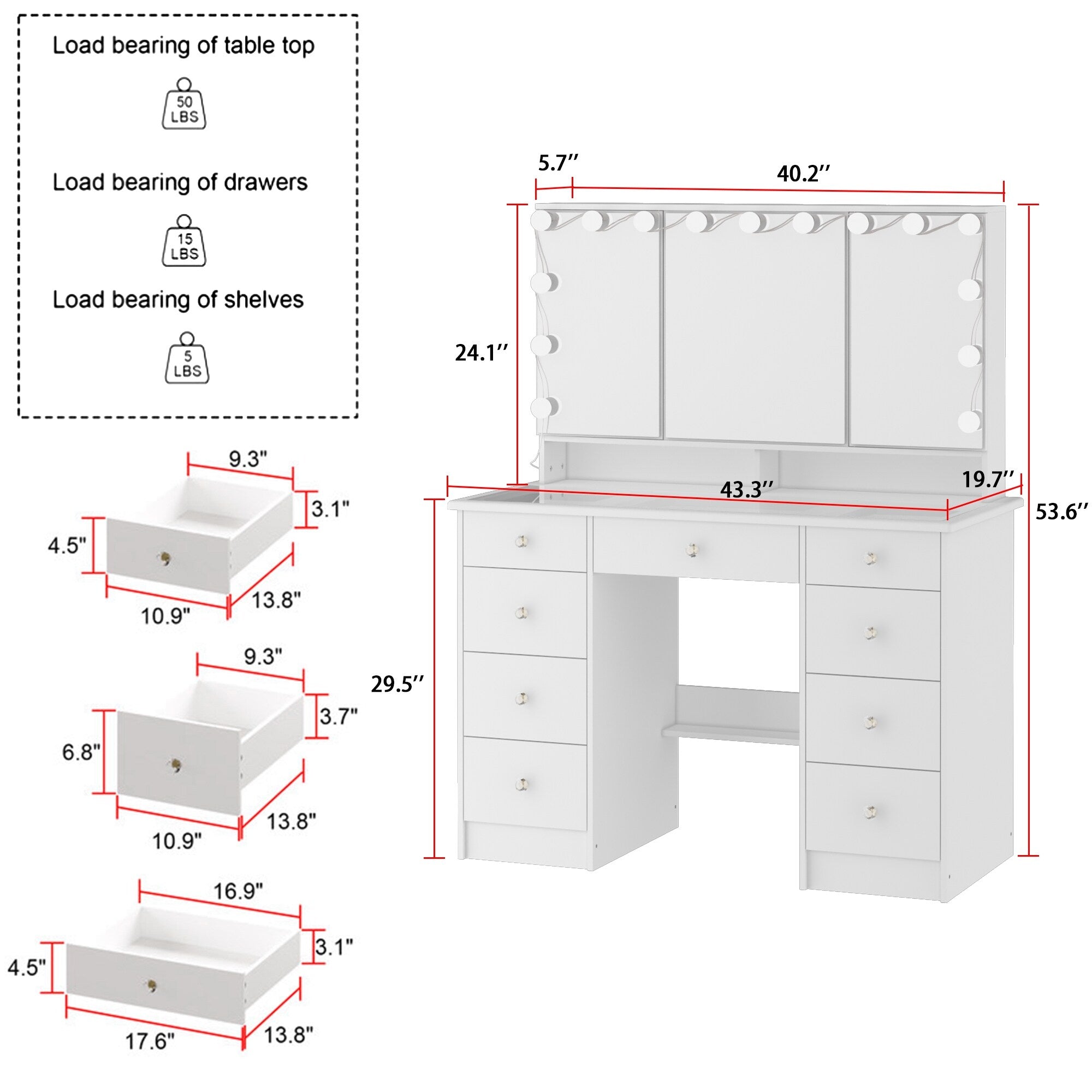 Makeup Vanity w/Tri-Fold Mirror Certified Lighting Glass Top Dresser