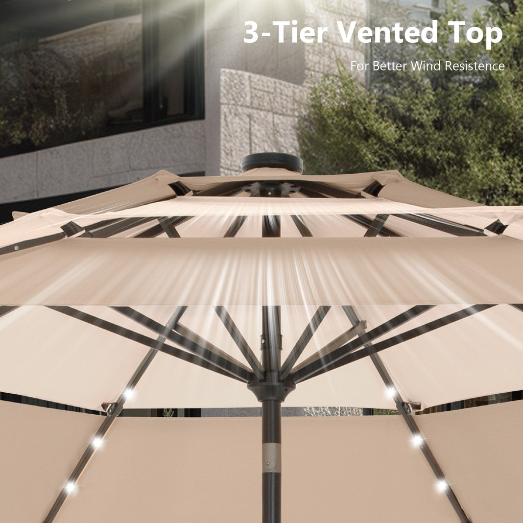 MAISON ARTS 10ft 3 Tier Auto-tilt Patio Umbrella Outdoor Double Vented Umbrella with LED Lights