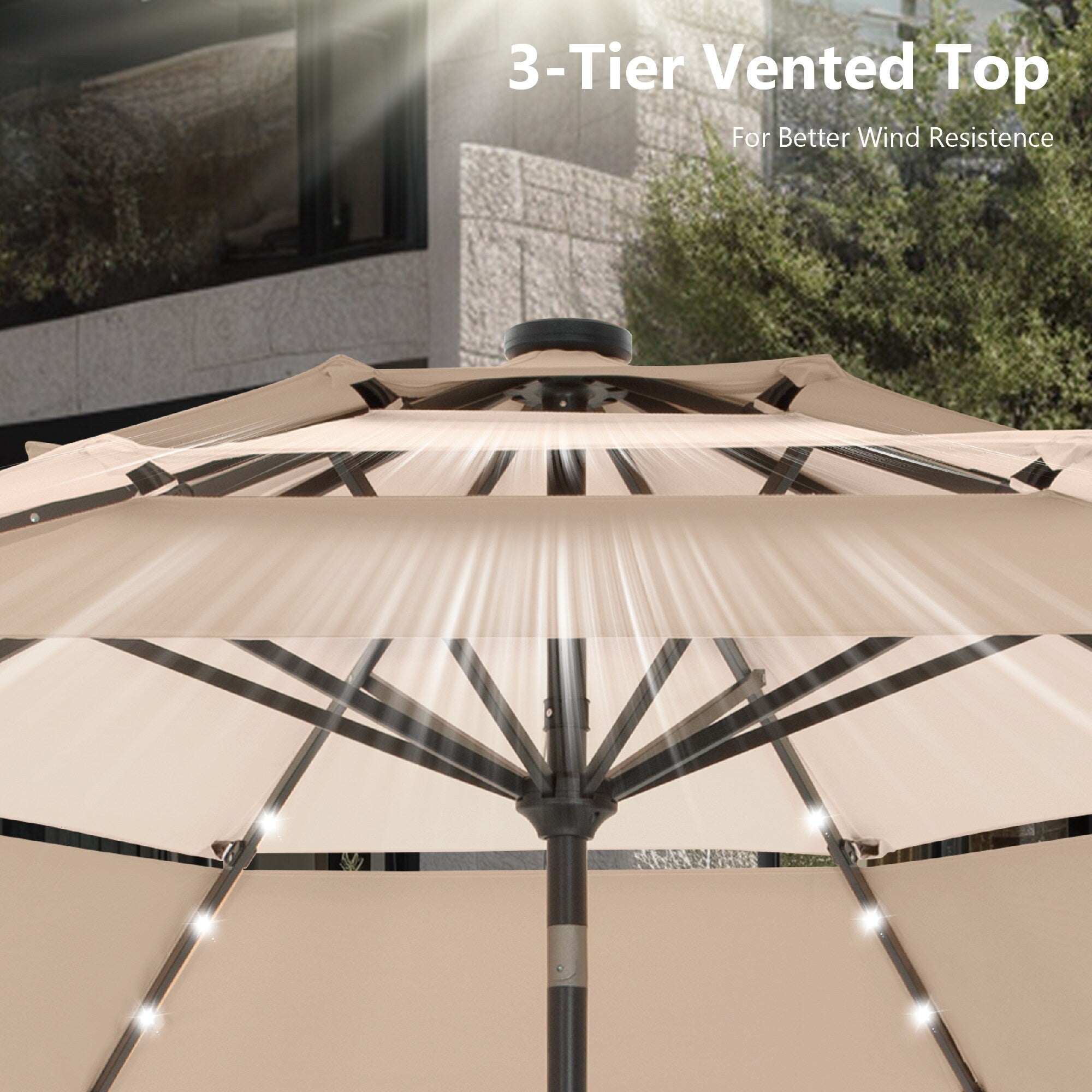 MAISON ARTS 10ft 3 Tier Auto-tilt Patio Umbrella Outdoor Double Vented Umbrella with LED Lights