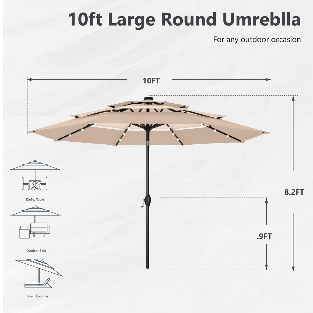 MAISON ARTS 10ft 3 Tier Auto-tilt Patio Umbrella Outdoor Double Vented Umbrella with LED Lights