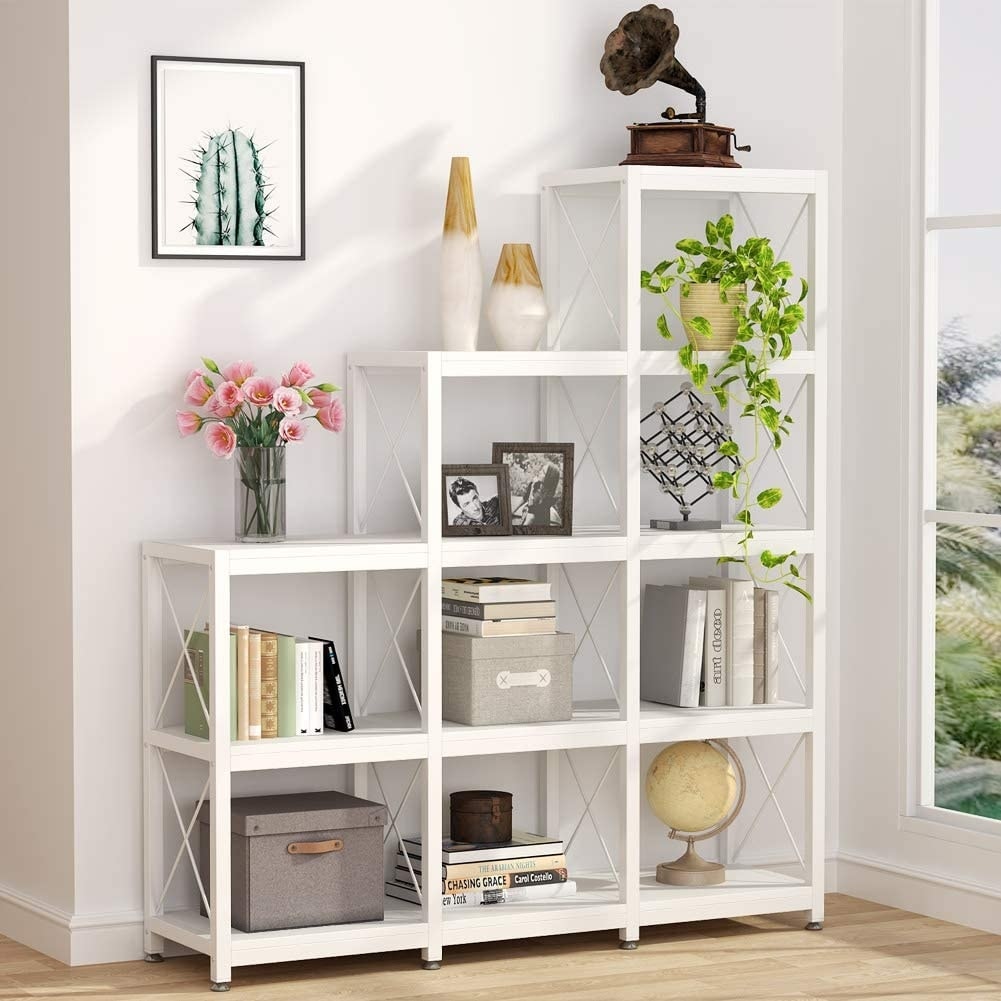 12 Shelves Ladder Bookshelf, Industrial Corner Bookshelf