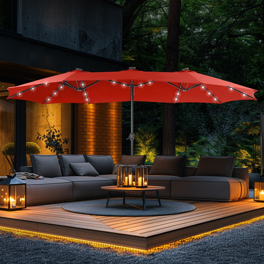 15-foot Rectangular Crank Double-sided Outdoor Market Umbrella Solar LED Lighted Patio Umbrella with Base Included