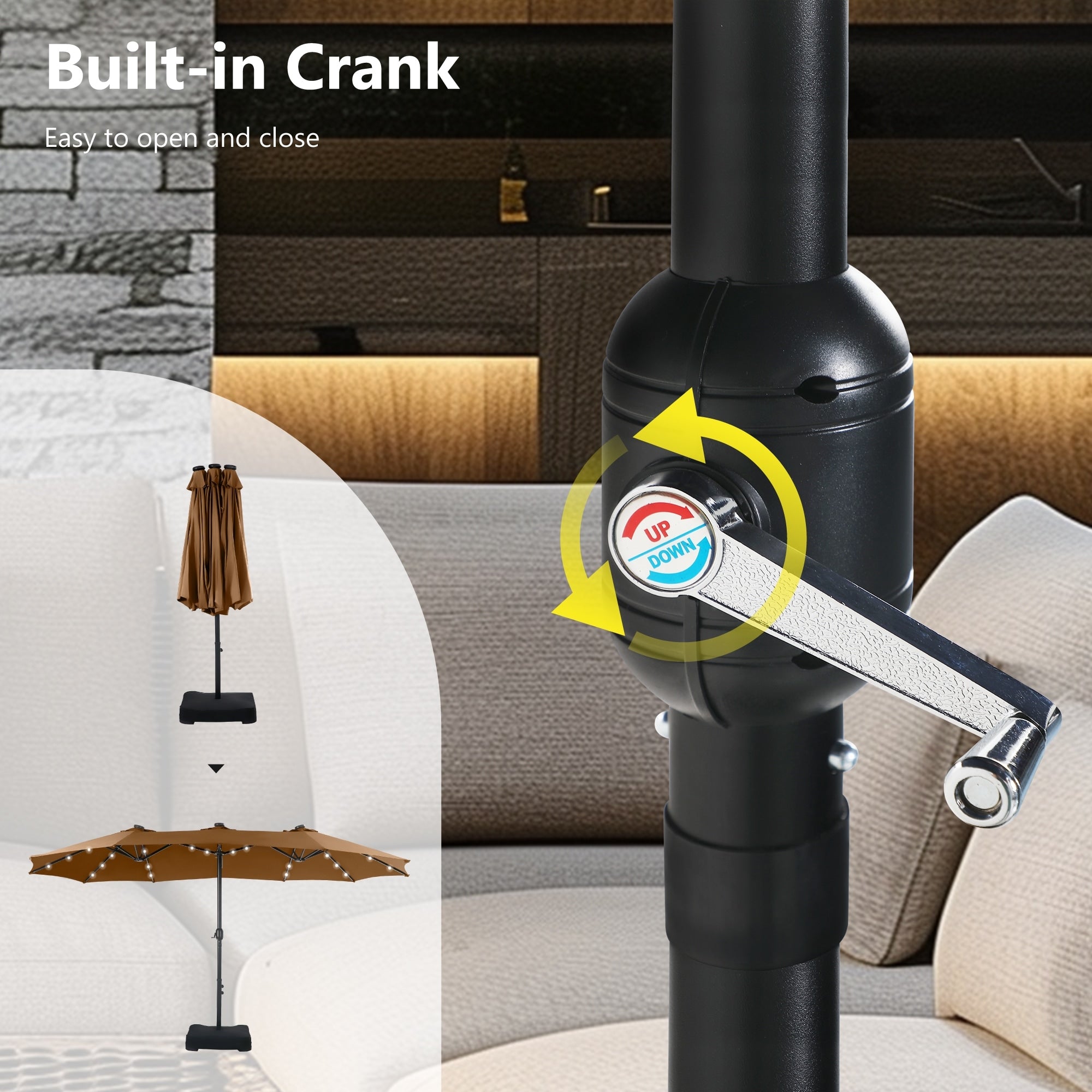 MAISON ARTS 15-foot Rectangular Crank Double-sided Outdoor Market Umbrella Solar LED Lighted Patio Umbrella with Base Included