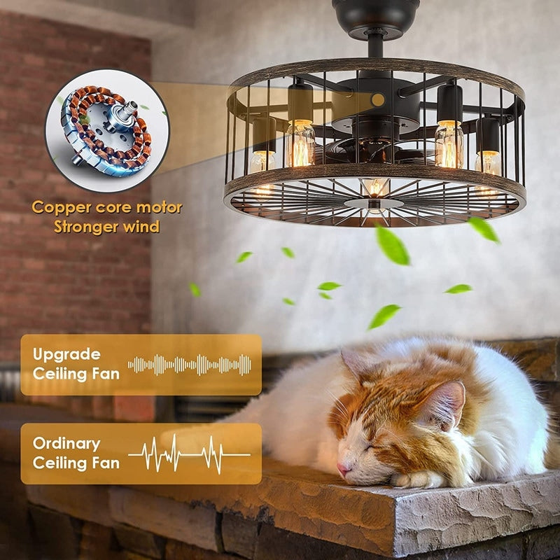 20 in. Low Profile Ceiling Fan Light Modern Farmhouse Wood Finish Caged Ceiling Fan with Light and Remote