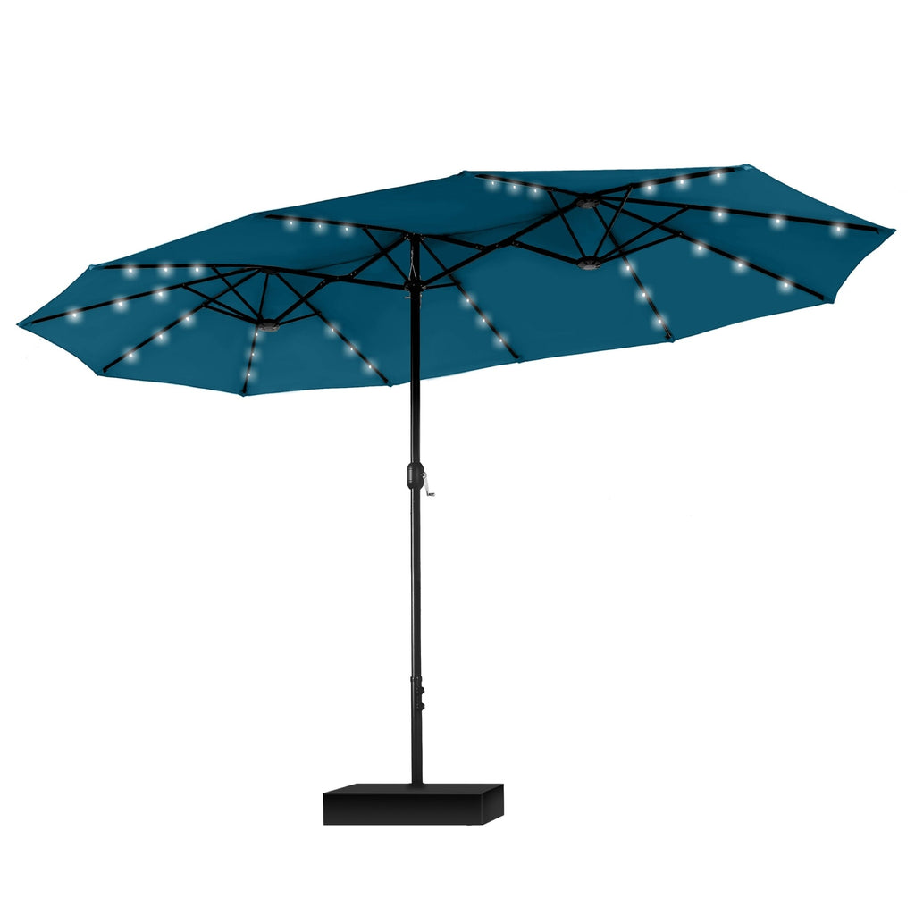 MAISON ARTS 15-foot Rectangular Crank Double-sided Outdoor Market Umbrella Solar LED Lighted Patio Umbrella with Base Included