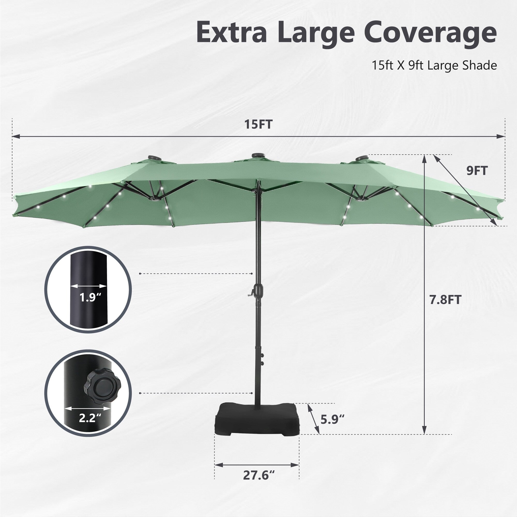 MAISON ARTS 15-foot Rectangular Crank Double-sided Outdoor Market Umbrella Solar LED Lighted Patio Umbrella with Base Included